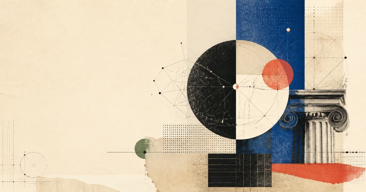 Abstract editorial collage connecting classical geometry, architecture, and computational systems.